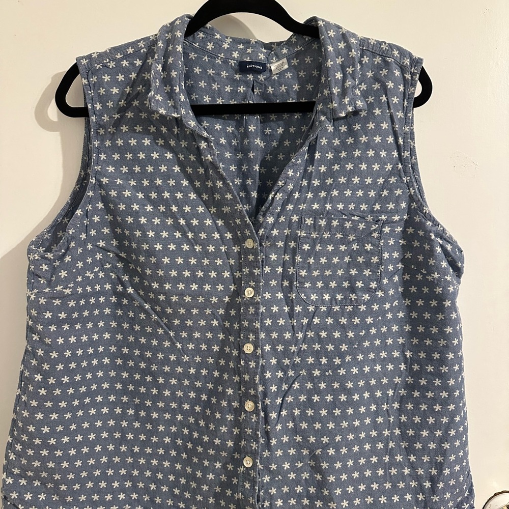 Blue Sleeveless Button-Up Top